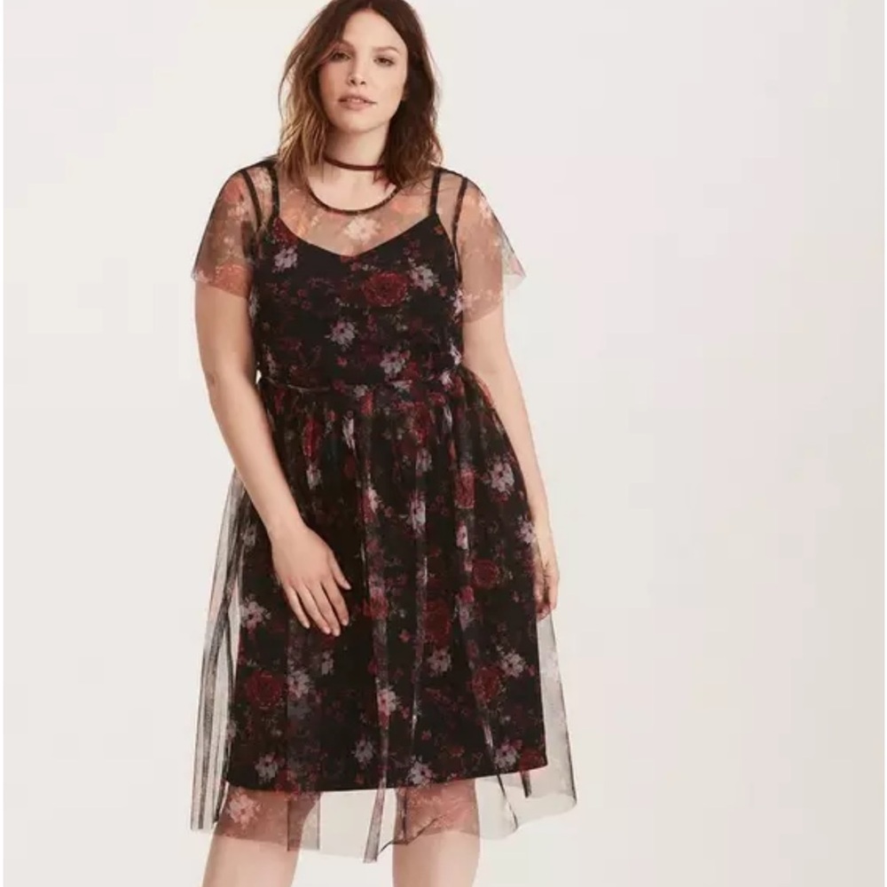 Torrid Multi-Color Floral Print Mesh Skater Dress